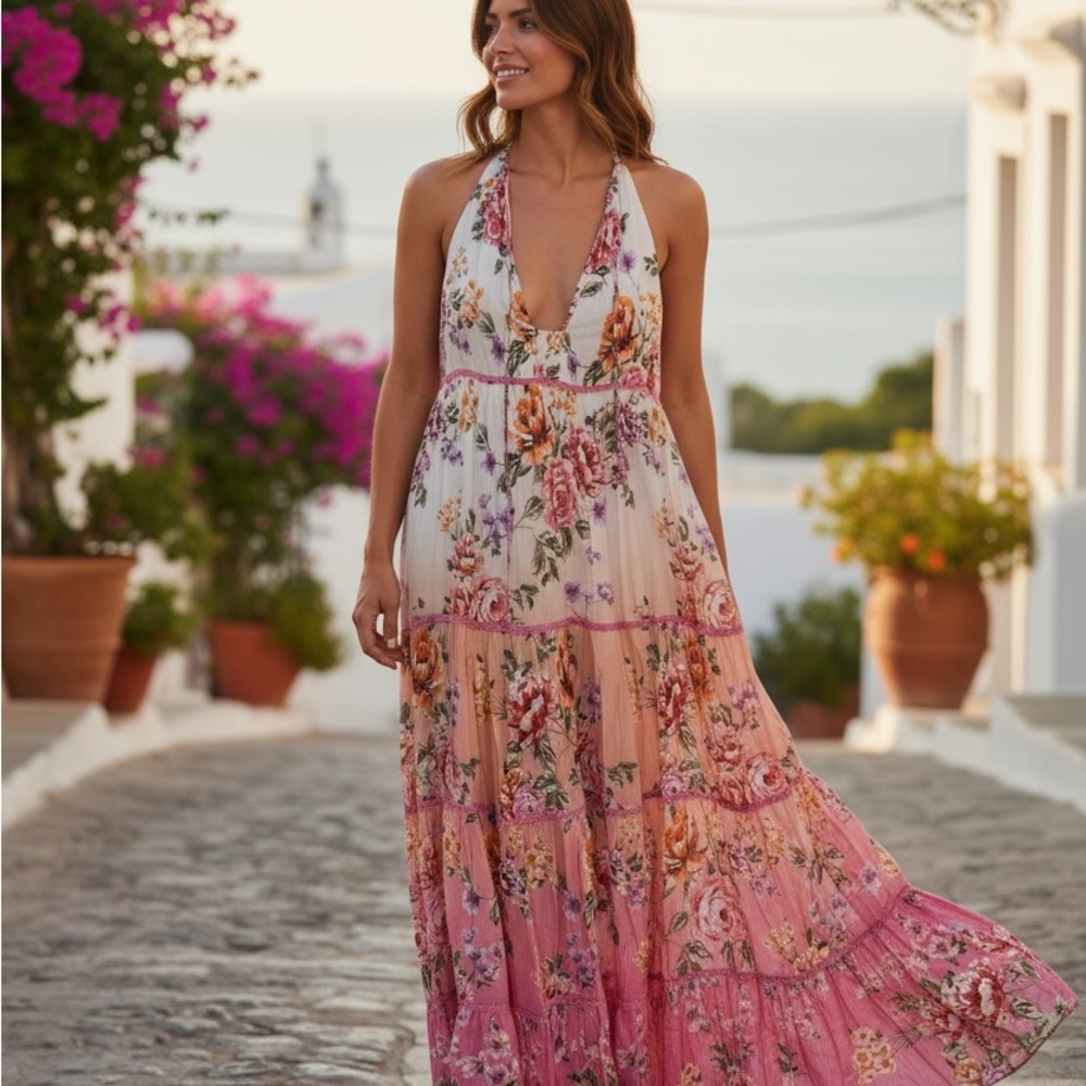 Anthropologie Pink and White Floral Maxi Dress